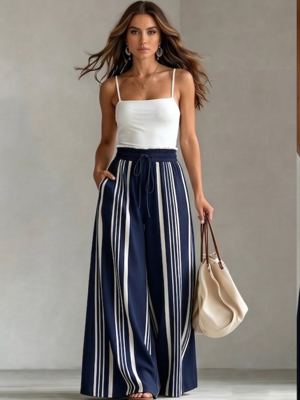 Navy Blue Vertical Striped Wide Leg Pants with Elastic Drawstring Waist & Pocket